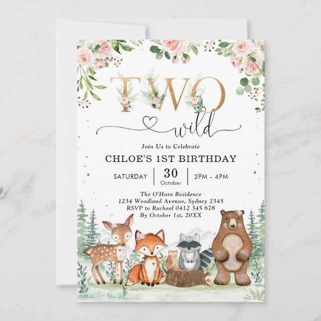 Two Wild Woodland Party Animals Girl 2nd Birthday  Inbjudningar (Framsida)