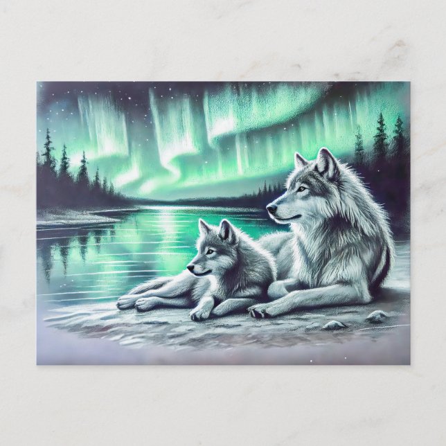 Two Wolves at the Waters Edge with Northern Lights Vykort (Framsida)