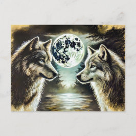 Two Wolves in Moonlight with Pack Vykort