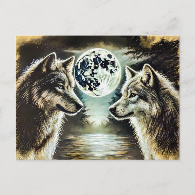 Two Wolves in Moonlight with Pack Vykort (Framsida)