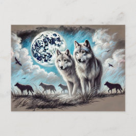 Two Wolves in Moonlight with Pack Vykort