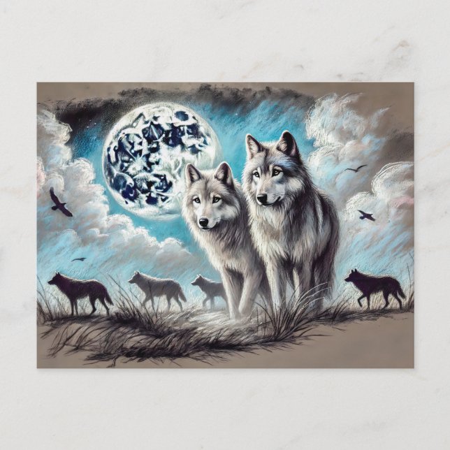 Two Wolves in Moonlight with Pack Vykort (Framsida)