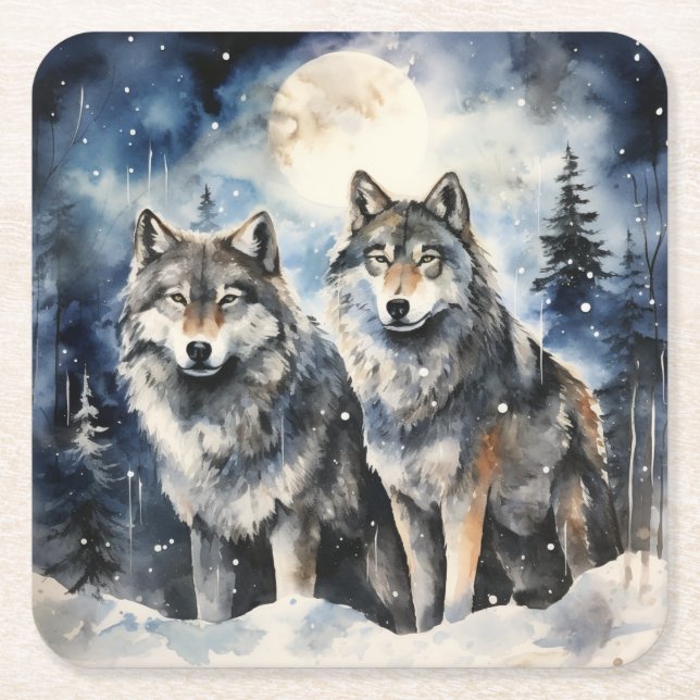 Two Wolves in Winter Underlägg Papper Kvadrat (Framsidan)