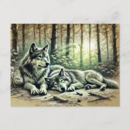 Two Wolves Resting in the Forest Vykort