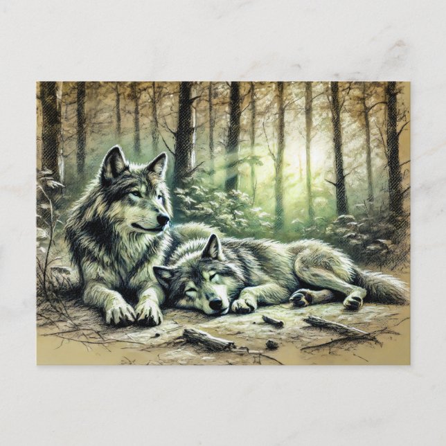 Two Wolves Resting in the Forest Vykort (Framsida)