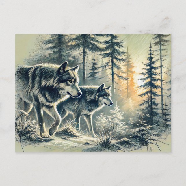 Two Wolves Running at Sunrise Vykort (Framsida)
