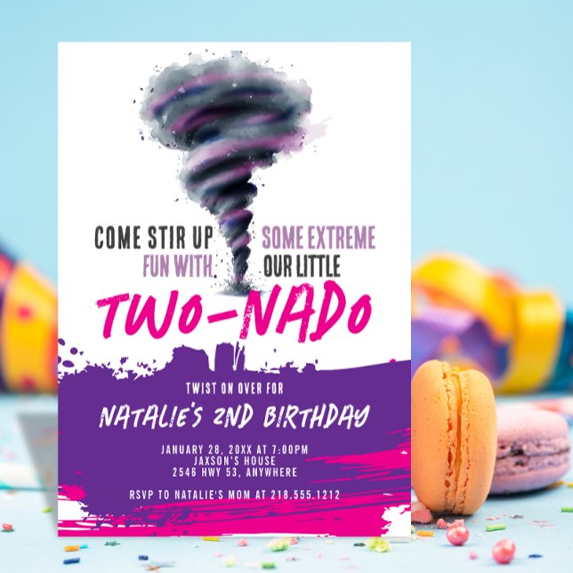 Twonado Twister Tornado Rosa Lila Födelsedag Inbjudningar (Twonado Twister Tornado Pink Purple Birthday Invitation)