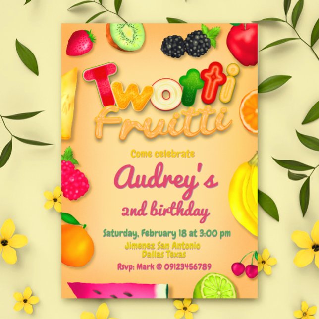 Twotti Fruitti - Frukters Födelsedag Gul Inbjudningar (Twotti Fruitti - Fruits Birthday Yellow Invitation)