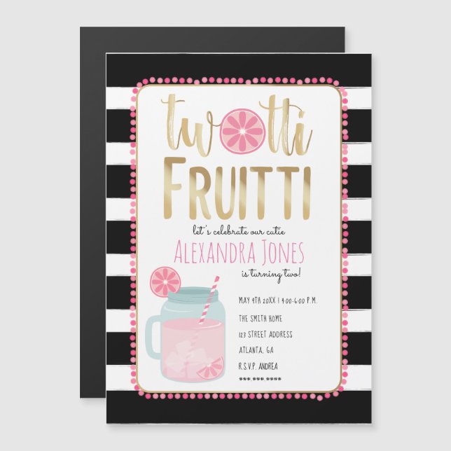 Twotti Fruitti Rosa Lemon Black + White Birthday Magnetisk Inbjudningskort (Fram/baksida)