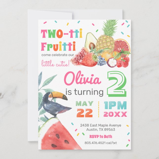 Twotti Fruitti Tropical Fruits Toucan Birthday Inbjudningar (Framsida)