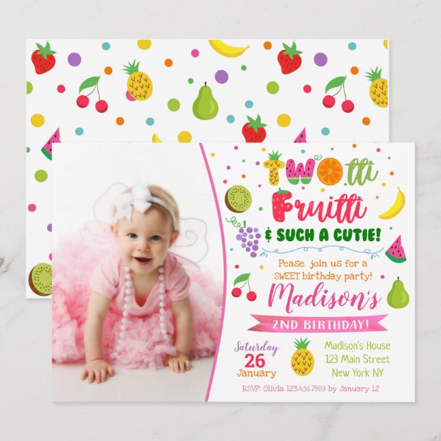 Twotti Frutti 2:a födelsedagsbjudandebjudan Inbjudningar (Fram/baksida)