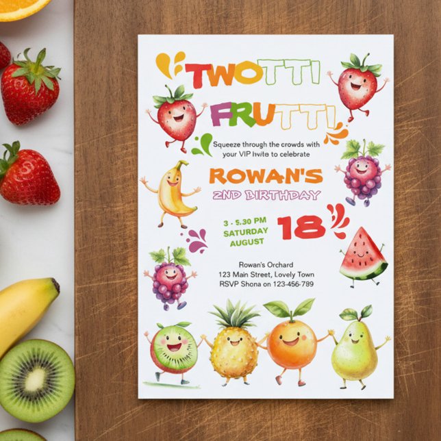 Twotti Frutti Färgglad Fruktig Kul 2-års Födelseda Inbjudningar (Colorful twotti frutti 2nd birthday invitation by Darling & May)