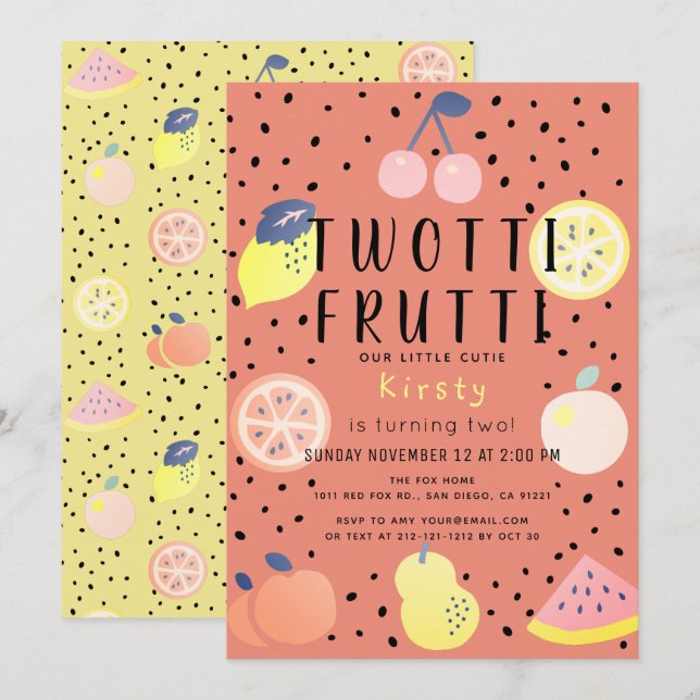 Twotti Frutti Fruit Orange 2:a födelsedagen Inbjudningar (Fram/baksida)