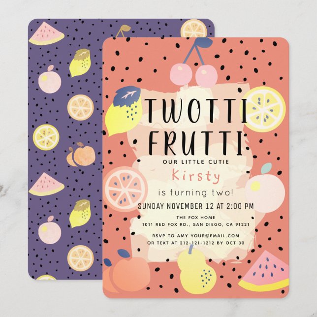 Twotti Frutti Fruit Orange Lila 2:a födelsedagen Inbjudningar (Fram/baksida)