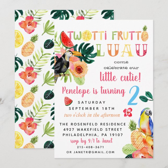 Twotti Frutti Luau Födelsedagsinbjudan Inbjudningar (Fram/baksida)
