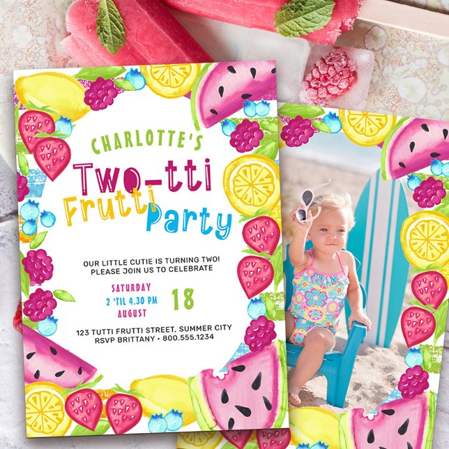 TWOtti Frutti Party 2:a födelsedagsfoto Inbjudningar (Two-tti frutti such a cutie 2nd birthday invitation with photo on the back)