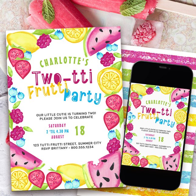 TWOtti Frutti Party sommarFruit Cutie Turning 2 Inbjudningar (Two-tti frutti such a cutie 2nd birthday party invitation)