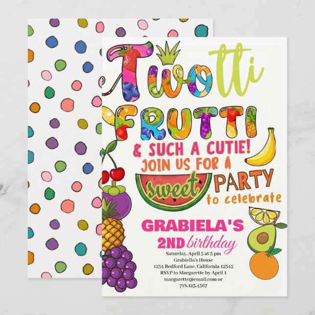 TWOtti Frutti Tropisk  frukt 2-års flick födelseda Inbjudningar (Fram/baksida)