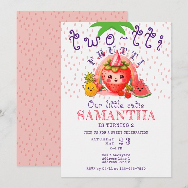 TWOTTI Tutti Frutti Summer Fruit Girl 2 Birthday Inbjudningar (Fram/baksida)