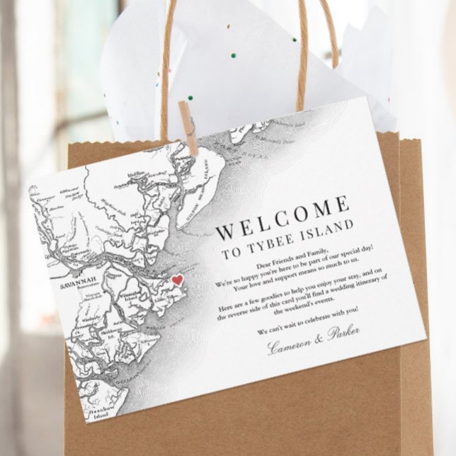 Tybee Island Bröllop Välkomsthälsbok Tack Kort (Elegant Tybee Island Georgia Wedding Weekend Itinerary Card and Welcome letter in black and white )