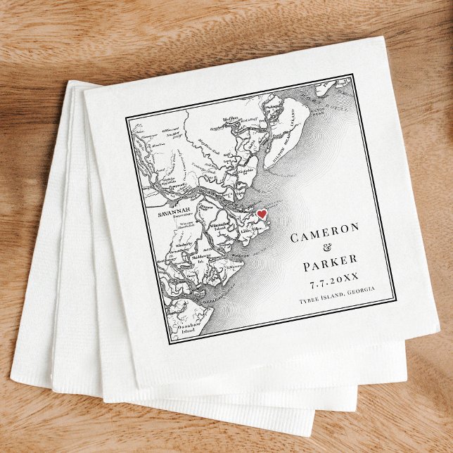 Tybee Island Georgia Karta Elegant bröllop Pappersservett (Elegant Tybee Island Georgia Wedding cocktail napkins with black and white map )