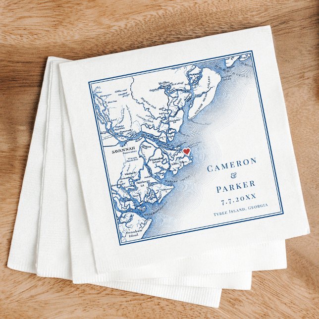 Tybee Island Georgia Karta Elegant Navy Bröllop Pappersservett (Elegant Tybee Island Georgia Wedding cocktail napkins with navy blue map from Coastal Map Designs)