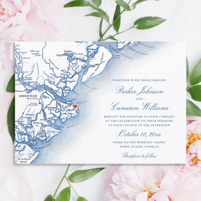 Tybee Island Karta Navyblå Bröllop Inbjudningar (Elegant Tybee Island Georgia Wedding Invitation with navy blue map from Coastal Map Designs)