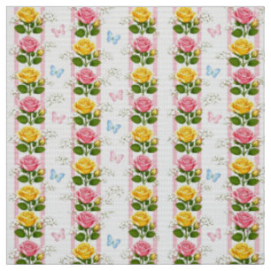 Tygröna och gula rosor Blommig rosa rand Tyg