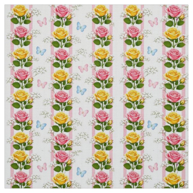 Tygröna och gula rosor Blommig rosa rand Tyg (Provkarta)