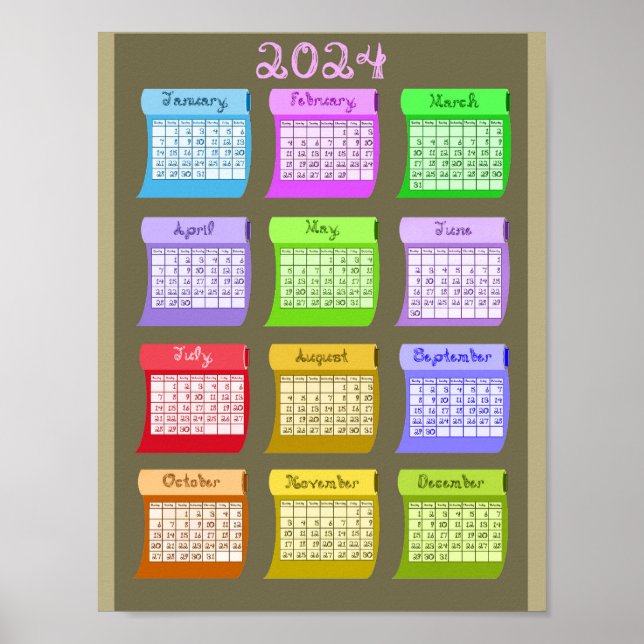 Tygrullar Typsnitt 2024 Kalender Utskrivbar Poster (Framsidan)
