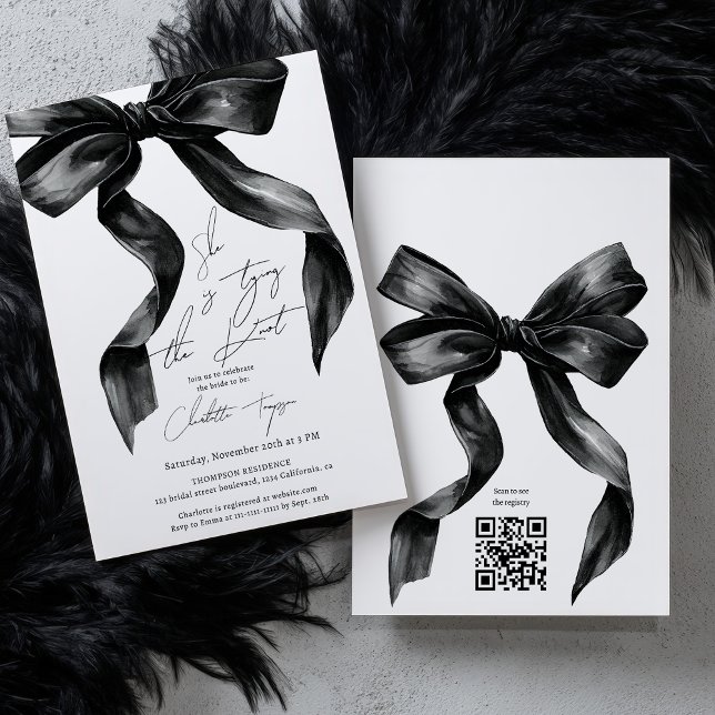 Tying Knot Black Coquette Bow Möhippa QR Inbjudningar (Tying Knot Black Coquette Bow Bridal Shower QR Invitation)