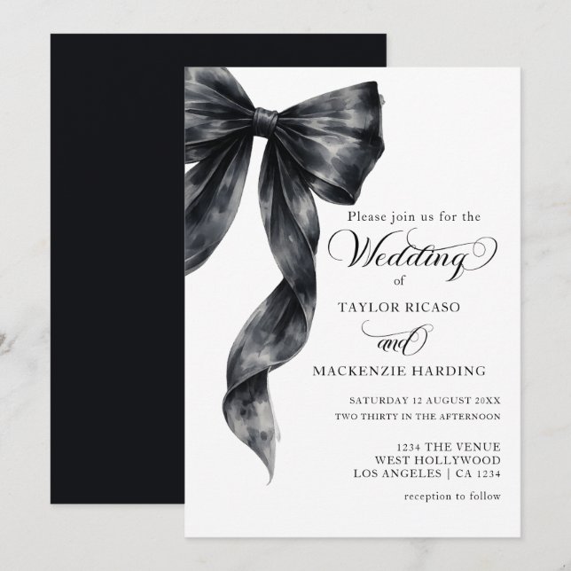 Tying the Knot Black Ribbon Watercolor Wedding Inbjudningar (Fram/baksida)