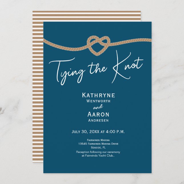 Tying the Knot Rope Coastal Blue Nautical Wedding  Inbjudningar (Fram/baksida)