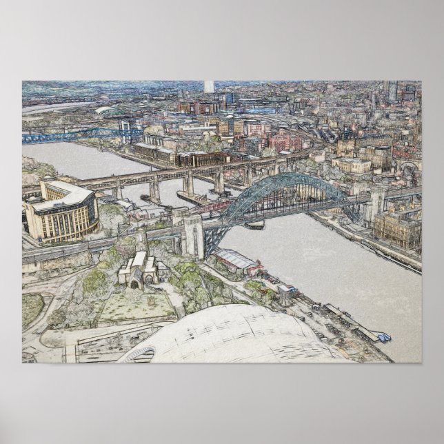 Tyne Bridge Newcastle Siluett Skiss Konst Poster (Framsidan)