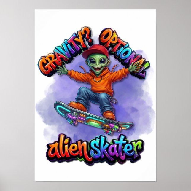 Tyngdlös utomjordisk skateboardåkare på hoverboard poster (Framsidan)