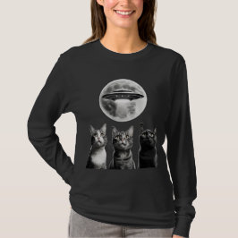 Tyngj 3 Skrämt Cats Måne UFO Alien Earth Invasion T Shirt