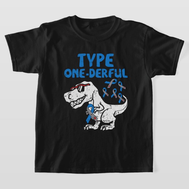 Typ 1Derful Diabetes Awareness Ribbon T1D Dinos T Shirt (Laydown)