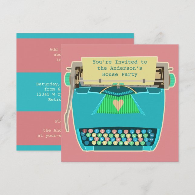 Typewriter Cute Retro Modern Personlig Party Inbjudningar (Fram/baksida)