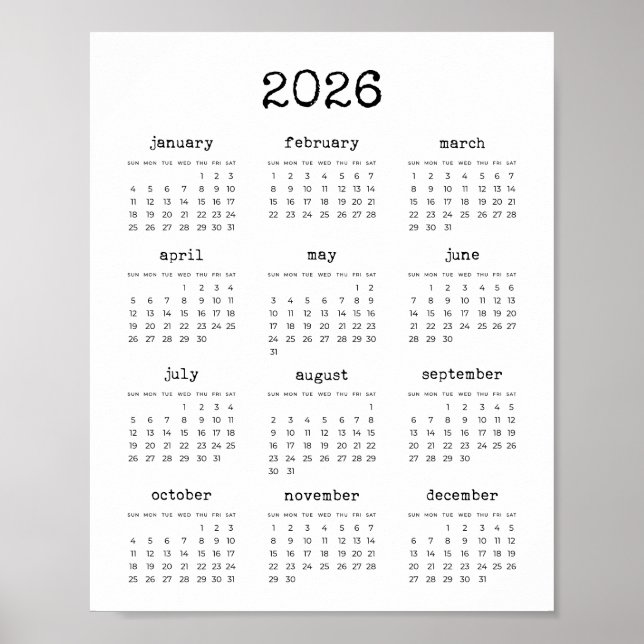 Typewriter-teckensnitt minimalist 2022-kalender poster (Framsidan)