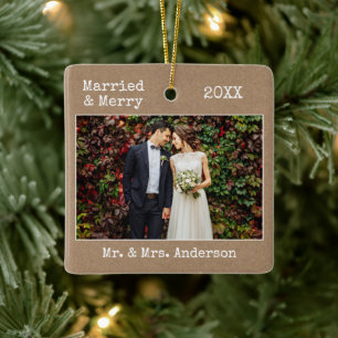 Typewriter Text Married Merry Bröllop Kraft Photo Julgransprydnad Keramik