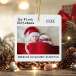 Typewriter Text Min första jul Baby Julgransprydnad Keramik<br><div class="desc">Modern skrivmaskin Text Enkel minimalistisk text,  min första Baby-fotokeramiska prydnadsföremål under jul</div>