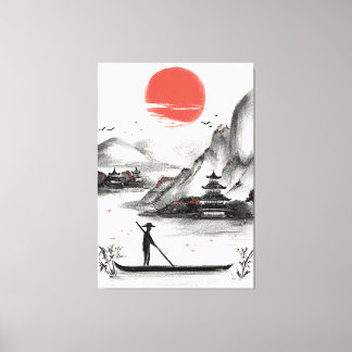 typical Japanese mountain landscape in hand-drawn Canvastryck