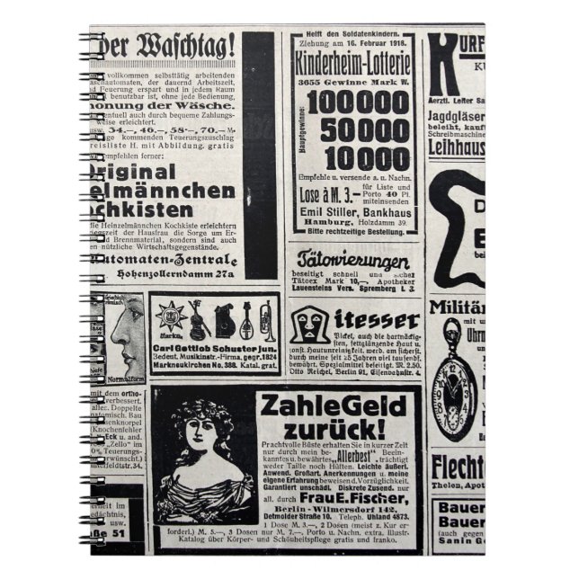 Typiska annonser på tyska i en ny europeisk anteckningsbok (Framsidan)