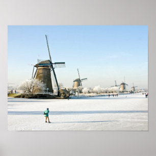 Typiskt dutch ice skridling på Kinderdijk Holland Poster
