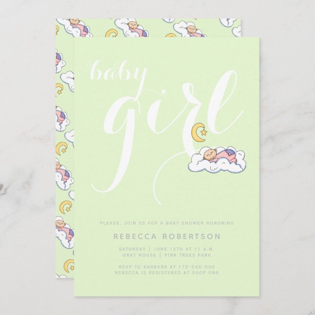 Typografi av bleken grönt i sovande flicka inbjudningar (Fram/baksida)