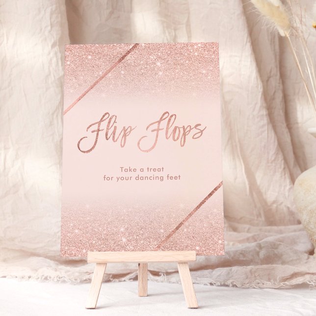 Typografi av den  rosan ro guld glitter inbjudningar (Rose gold glitter typography blush pink sign invitation, flip flops)