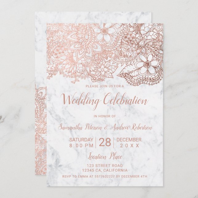 typografi av den vita blommigten Ro i guld Inbjudningar (Fram/baksida)