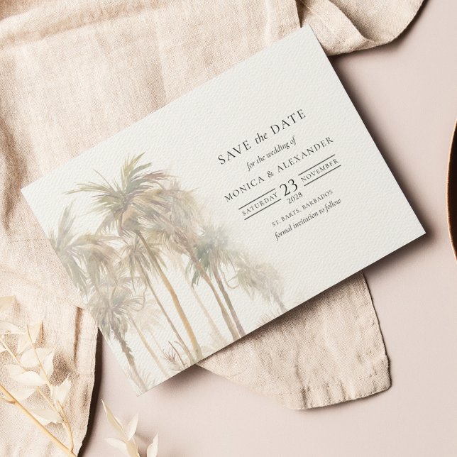 Typografi av det moderna Handflatan-Träden Spara d Datumet (Wedding Save the Date Palm Trees Coastal Destination Announcement Card)