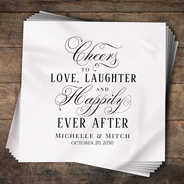 Typografi av Eleganten Black and White Bröllop Pappersservett (Cheers to Love, Laughter, and Happily Ever After cocktail napkin,)