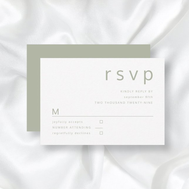 Typografi av minimal Grönt Bröllop OSA Kort (Front/Back Minimalist Sage Green Typography Wedding RSVP Card)